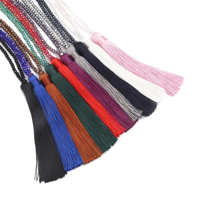 Fashion 14 Colors Long Fringe Silk Tassel Necklace Women Glass Bead Crystal Pendant Necklaces Statement Vintage Bohemian Jewelry