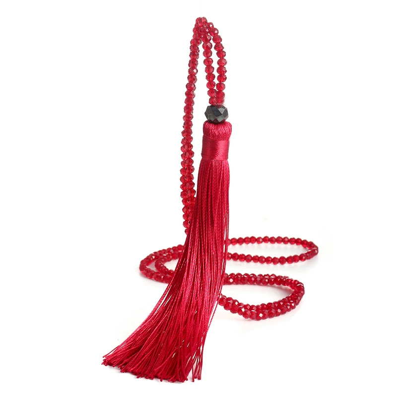 Fashion 14 Colors Long Fringe Silk Tassel Necklace Women Glass Bead Crystal Pendant Necklaces Statement Vintage Bohemian Jewelry