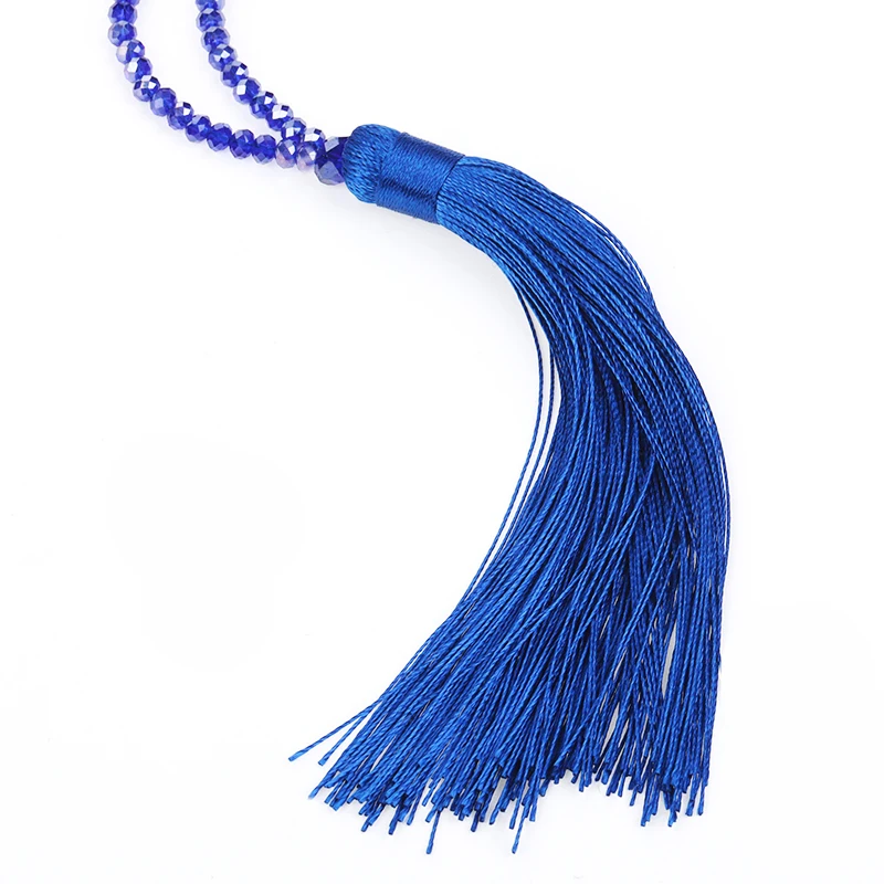 Fashion 14 Colors Long Fringe Silk Tassel Necklace Women Glass Bead Crystal Pendant Necklaces Statement Vintage Bohemian Jewelry