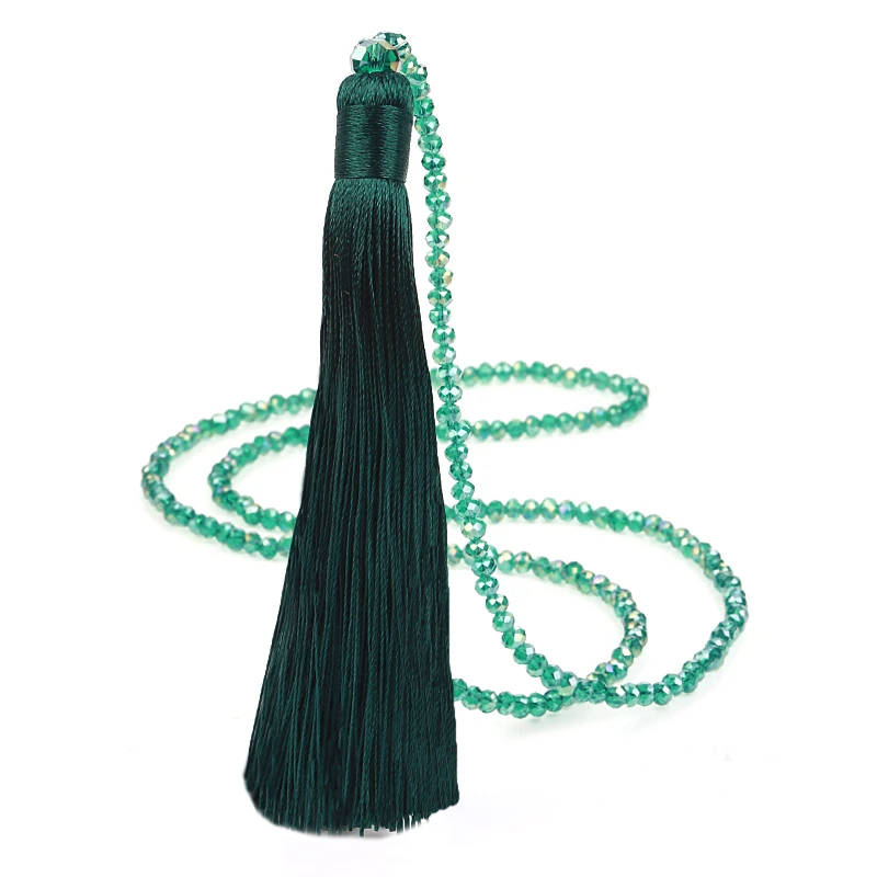 Fashion 14 Colors Long Fringe Silk Tassel Necklace Women Glass Bead Crystal Pendant Necklaces Statement Vintage Bohemian Jewelry