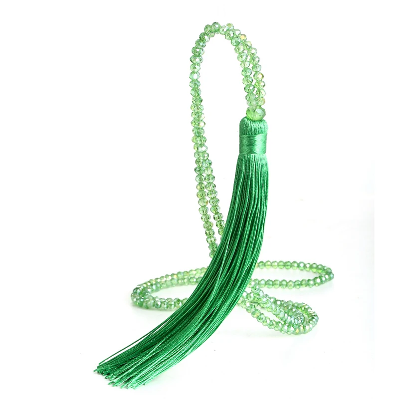 Fashion 14 Colors Long Fringe Silk Tassel Necklace Women Glass Bead Crystal Pendant Necklaces Statement Vintage Bohemian Jewelry