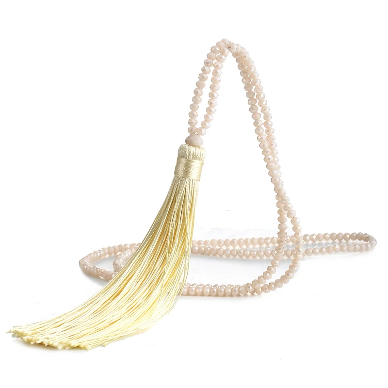 Fashion 14 Colors Long Fringe Silk Tassel Necklace Women Glass Bead Crystal Pendant Necklaces Statement Vintage Bohemian Jewelry