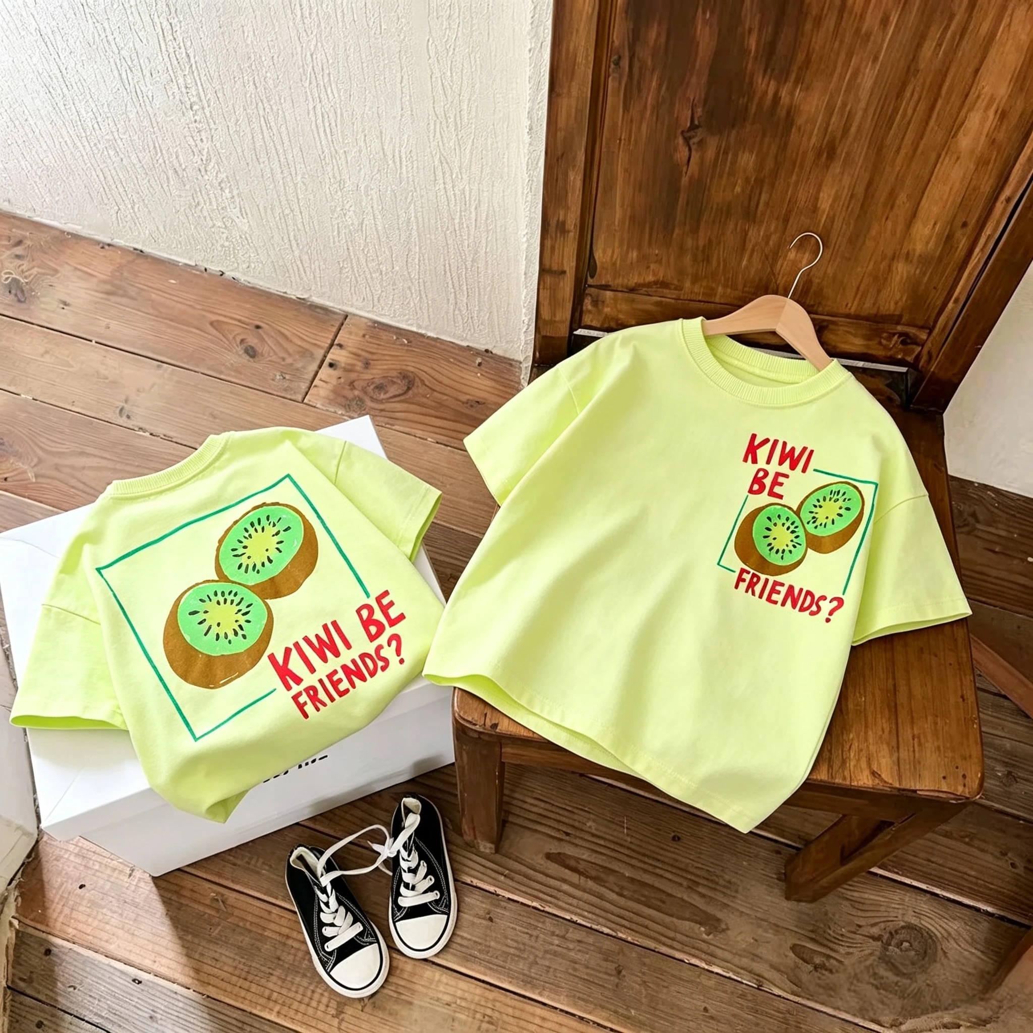 Children Cute Fruit Print Double Sided T Shirt Boys Girls Cotton Short Sleeve Tees O-Neck Short Clothing Baby Daily Casual Wear
