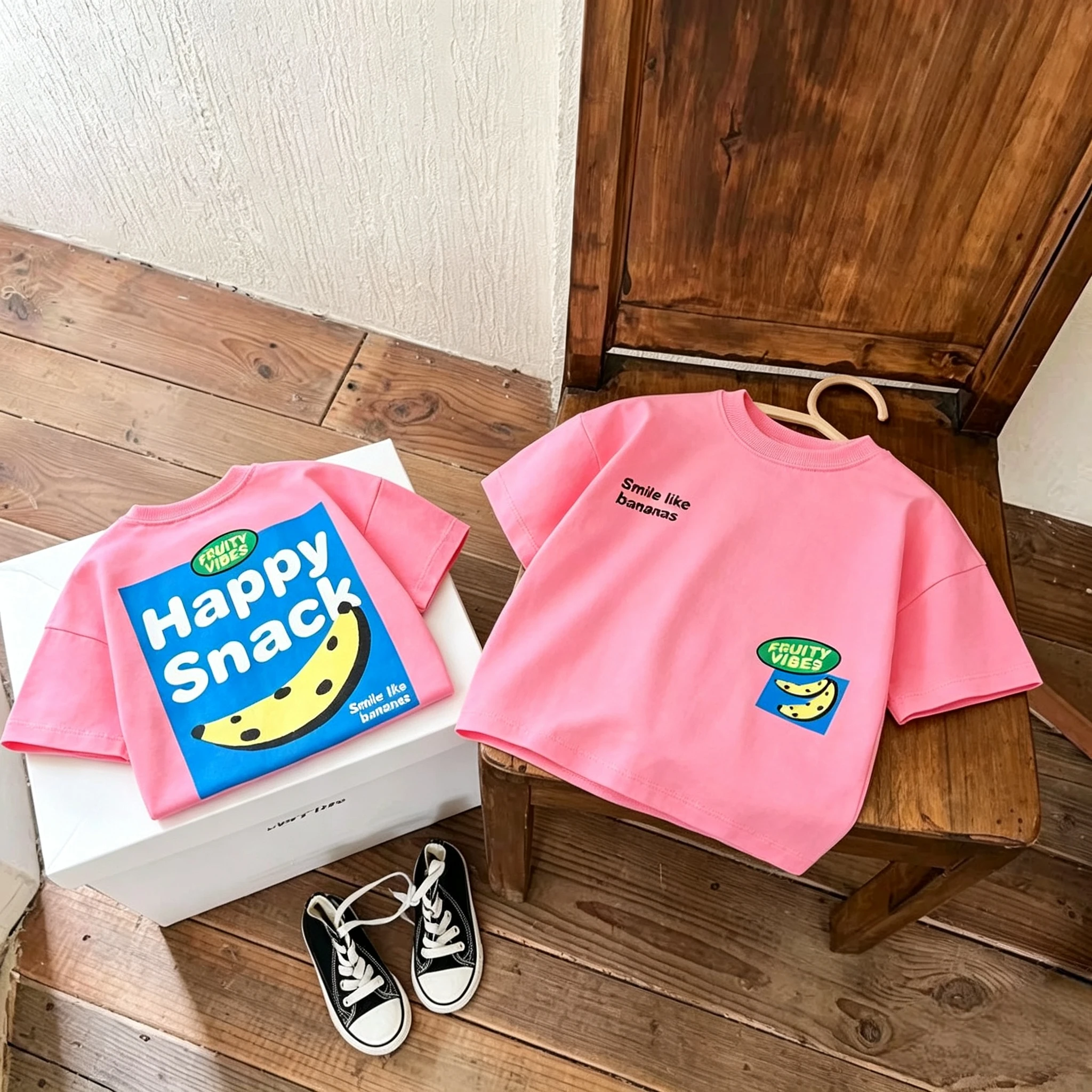 Children Cute Fruit Print Double Sided T Shirt Boys Girls Cotton Short Sleeve Tees O-Neck Short Clothing Baby Daily Casual Wear