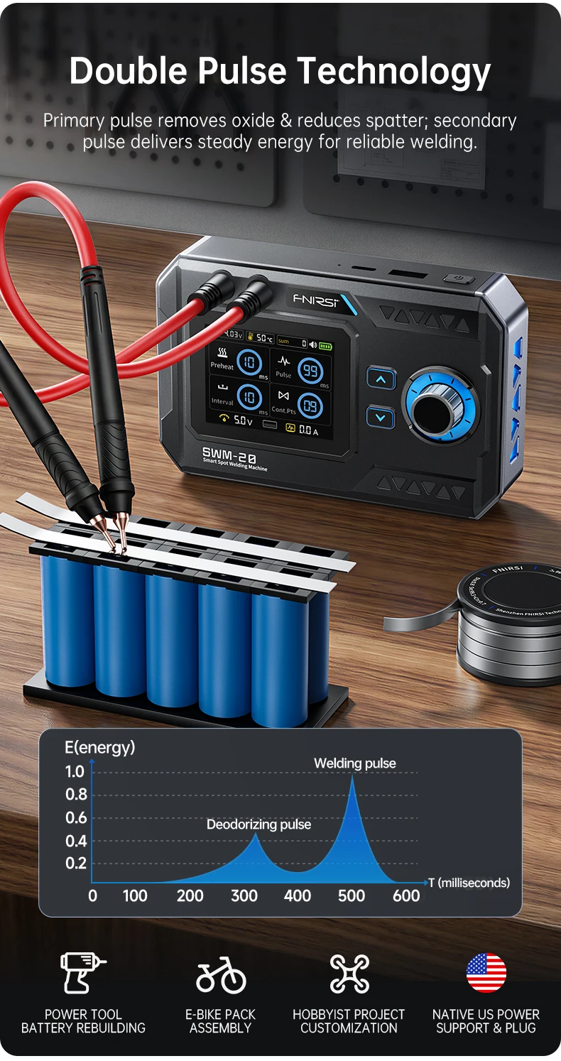 FNIRSI SWM-20 Spot Welder 1200A Dual Pulse Battery Welding Machine 0.1-0.5mm Nickel Sheet Portable 18650 Pack Welder DIY Tool