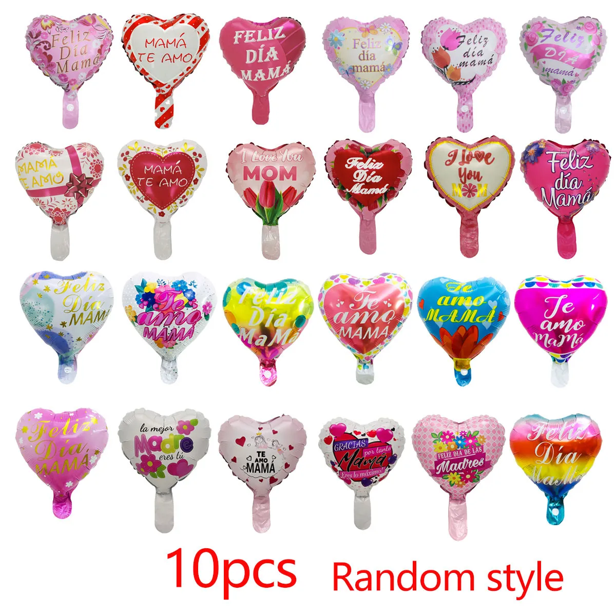 10pcs 10inch Spanish Love You Mom Heart Foil Balloons Spanish Happy Mother's Day Heart Air Balloon Mother's Day Decorations