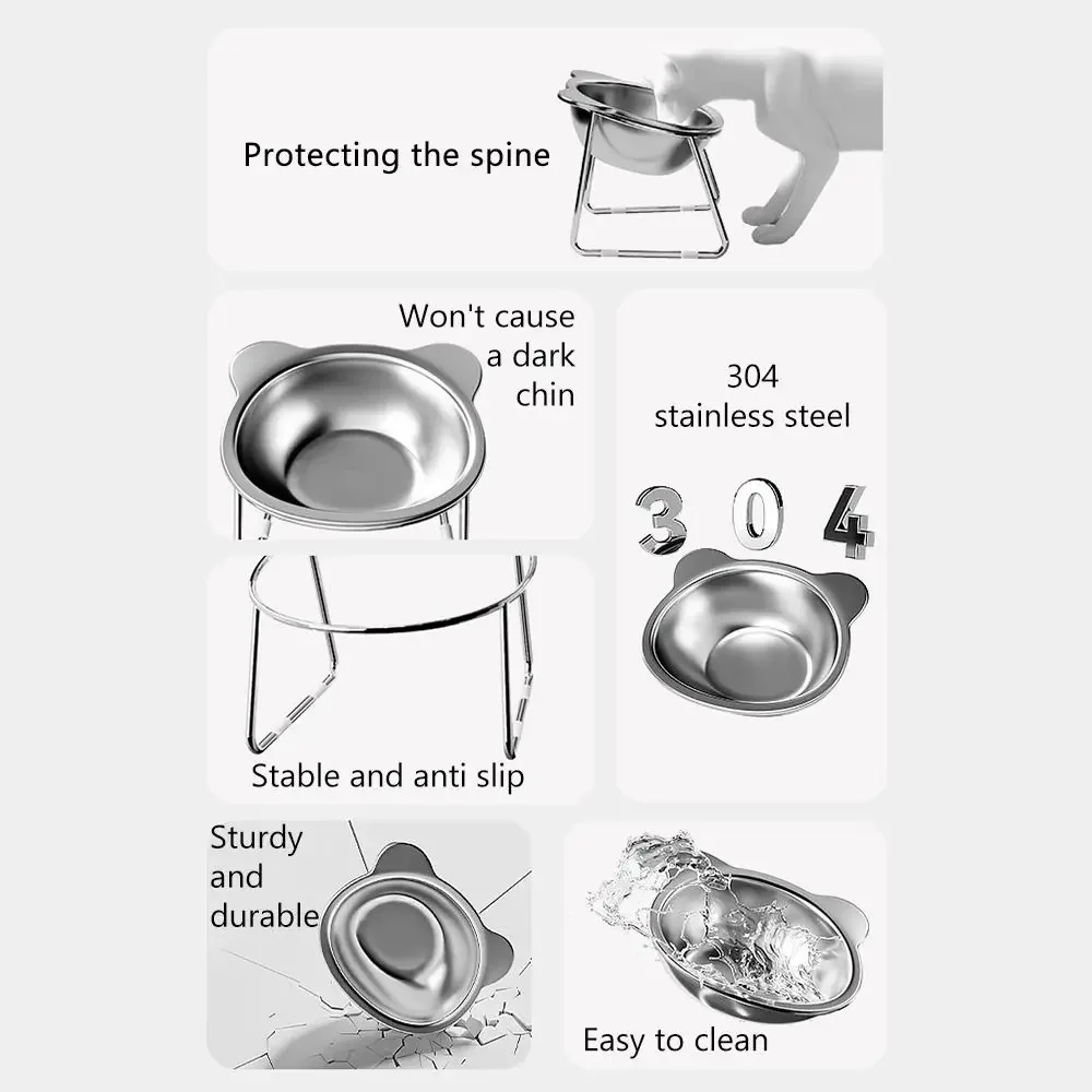 304 Raised Stainless Steel Cat Bowl with 15° Elevated Design Tilted Neck Guard Healthy Feeding Shatterproof for Cats Puppies