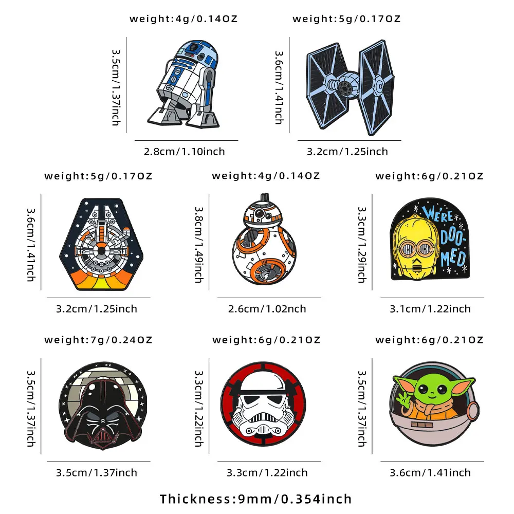 8pcs Star Wars Brooch Set Enameled R2-D2 BB-8 TIE Fighter Darth Vader Stormtrooper Fashion Metal Badges for Backpack