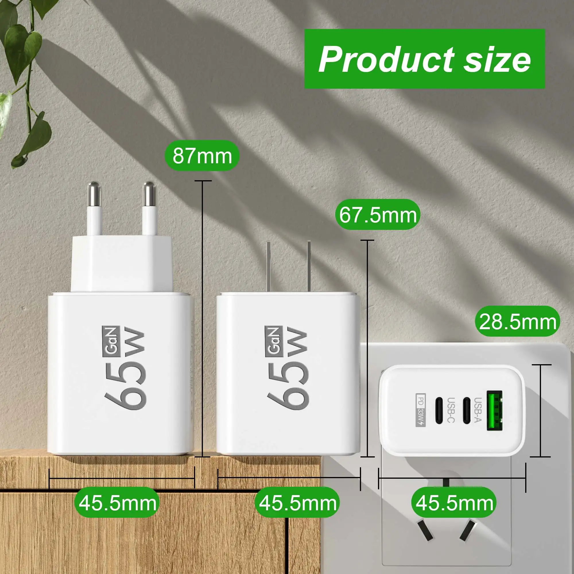 65W 3 Ports USB GaN Charger QC3.0 PD Type Fast Charging EU/US Plug Wall Charger For iPhone Samsung Xiaomi Huawei Phone Charger