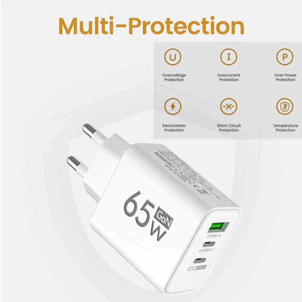 65W 3 Ports USB GaN Charger QC3.0 PD Type Fast Charging EU/US Plug Wall Charger For iPhone Samsung Xiaomi Huawei Phone Charger