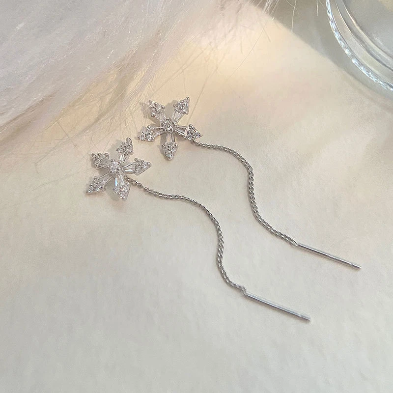 S925 Silver Needle Micro-inlaid Zircon Flower Ear Line Exquisite Light Luxury High Quality Drop Earring Star Jewelry Gifts