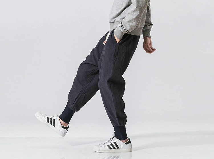 Cotton Linen Harem Pants Men Solid Elastic Waist Streetwear Joggers New Baggy Drop-crotch Pants Casual Trousers Men
