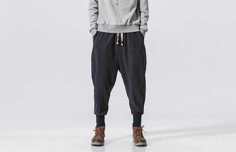 Cotton Linen Harem Pants Men Solid Elastic Waist Streetwear Joggers New Baggy Drop-crotch Pants Casual Trousers Men