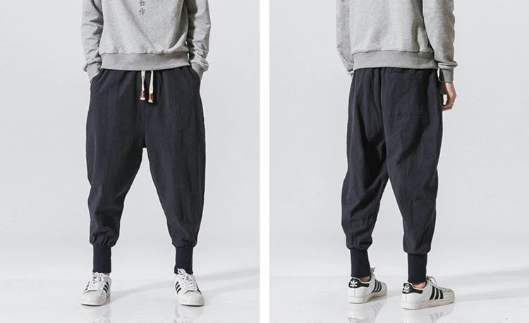 Cotton Linen Harem Pants Men Solid Elastic Waist Streetwear Joggers New Baggy Drop-crotch Pants Casual Trousers Men