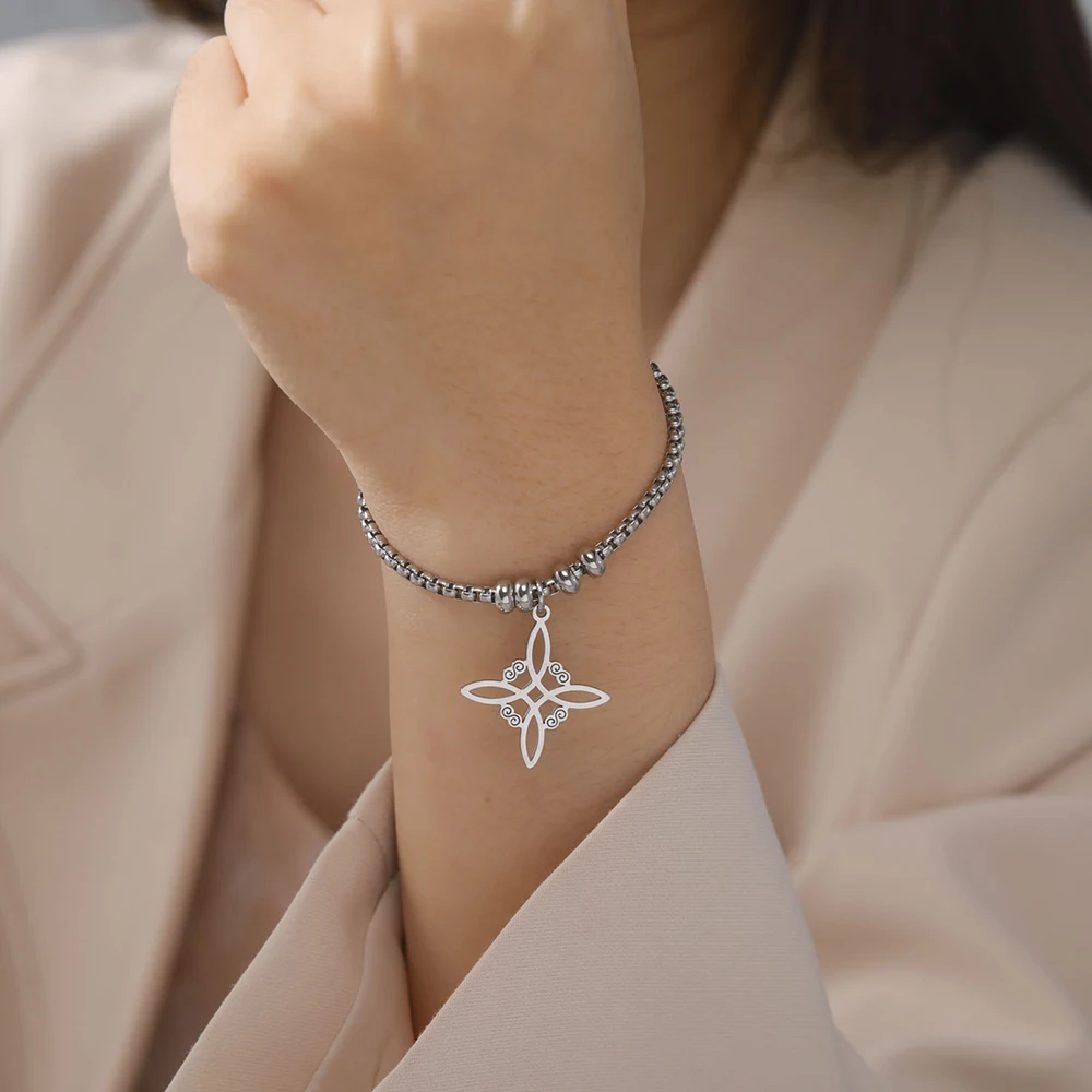 Dawapara Witch Knot Charm Bracelet for Women Celtics Knot Protection Amulet Bead Chain Stainless Steel Witchcraft Wiccan Jewelry