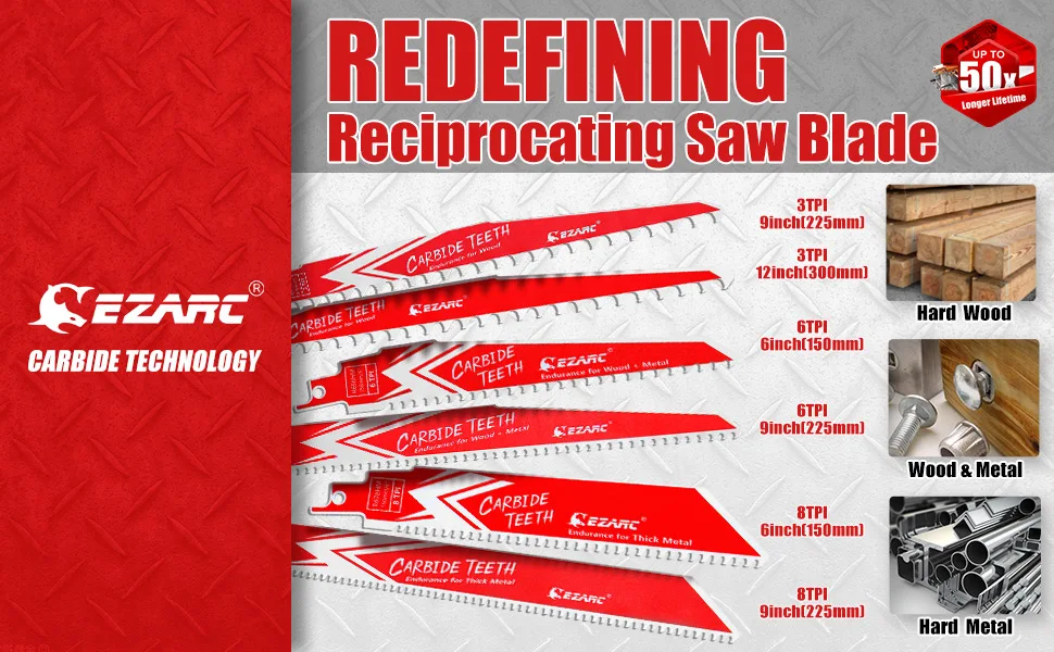 EZARC 3PCS Carbide Reciprocating Saw Blade Endurance for Hard Wood and Metal Demolition R656HM&R956HM 150mm(6'') 225mm(9'') 6TPI
