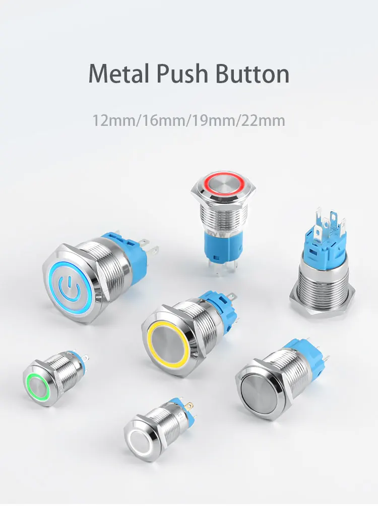 12mm 16mm 19mm 22mm Metal Push Button On Off Switch Power LED Light Waterproof Flat Circular Button 3v 6v 12v 24v 110v 220v IP65