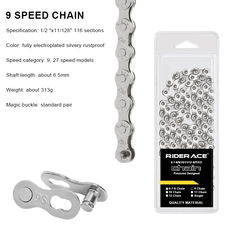 RIDERACE Bicycle Chain 116L 8 9 10 11 12 Speed Silver Ultralight Mountain Road Bike Chain For 24/27/30 Variable Speed Chain