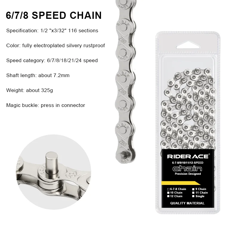 RIDERACE Bicycle Chain 116L 8 9 10 11 12 Speed Silver Ultralight Mountain Road Bike Chain For 24/27/30 Variable Speed Chain