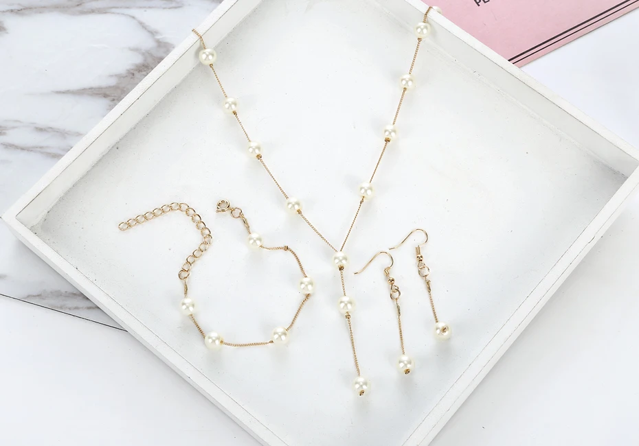 Imitation Pearl Jewelry Set Simulated Pearl Double Layer Women Earrings Necklace Bracelet Sets for Wedding N271