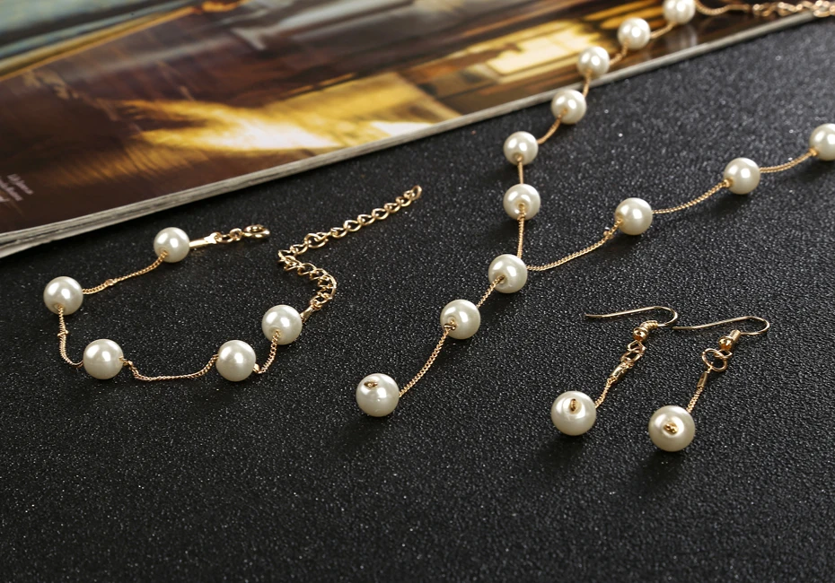 Imitation Pearl Jewelry Set Simulated Pearl Double Layer Women Earrings Necklace Bracelet Sets for Wedding N271