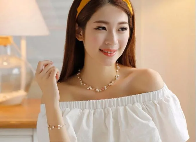 Imitation Pearl Jewelry Set Simulated Pearl Double Layer Women Earrings Necklace Bracelet Sets for Wedding N271