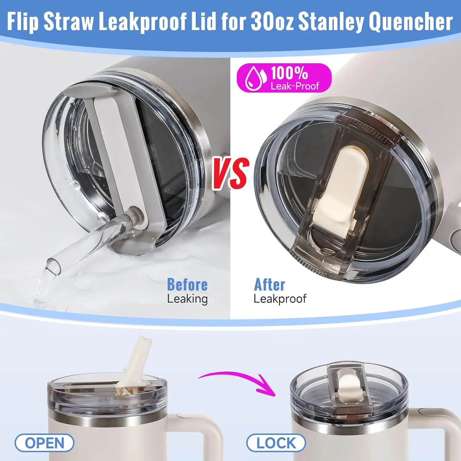 30oz Flip Straw Lid for Stanley 2.0 Tumbler Leak Proof Lid Replacement No Spill Cover for Stanley Cup Accessories