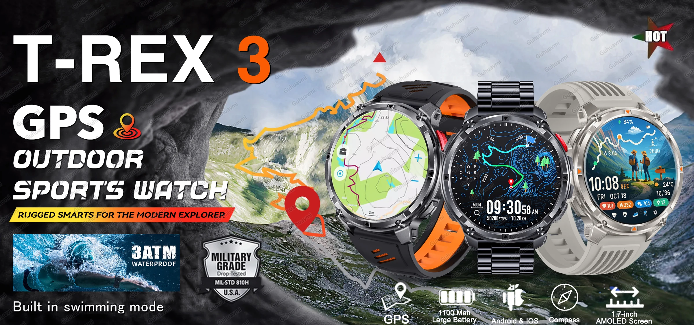2026 New T-Rex3 Pro 1100mAh Battery Smart Watch GPS path 5ATM Waterproof Sports Run tracker Outdoors Compass Military Smartwatch