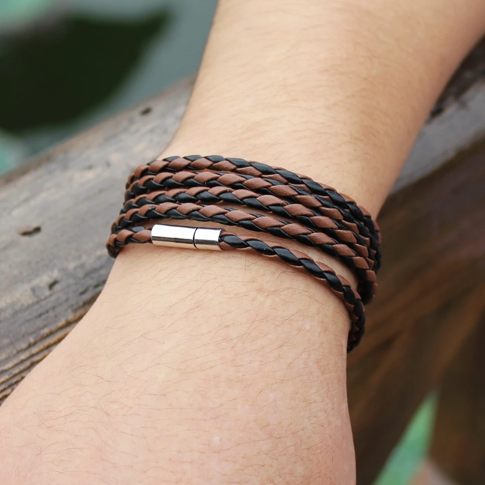 XQNI brand black retro Wrap Long leather bracelet men bangles fashion sproty Chain link male charm bracelet with 5 laps