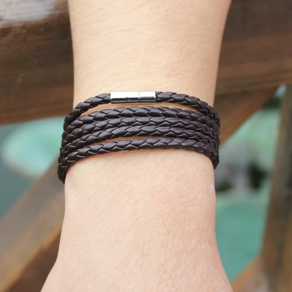 XQNI brand black retro Wrap Long leather bracelet men bangles fashion sproty Chain link male charm bracelet with 5 laps