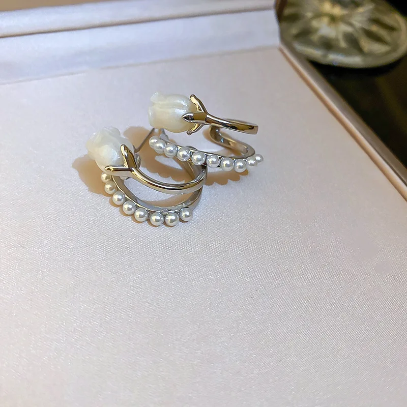 French Light Luxury Pink Tulip Flower Pearl Stud Earrings For Women Korean Zircon Exquisite Earring Party Christmas Jewelry Gift