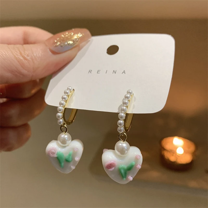 French Light Luxury Pink Tulip Flower Pearl Stud Earrings For Women Korean Zircon Exquisite Earring Party Christmas Jewelry Gift