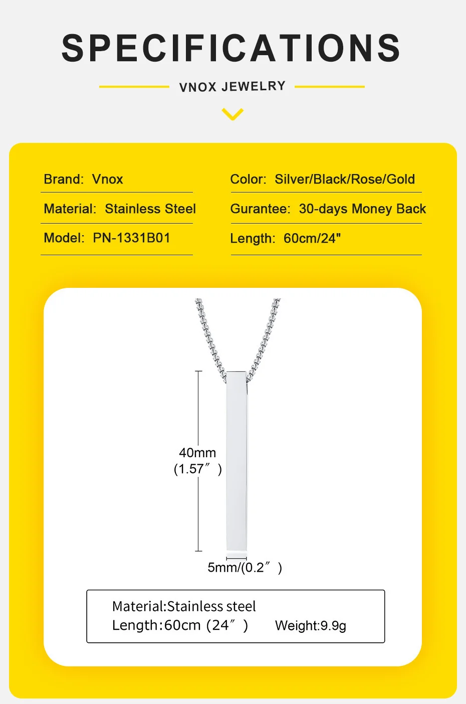 Vnox 3D Vertical Bar Necklaces for Men, Layering Stainless Steel Geometric Pendant, Layered Wheat Rope Cuban Chain, Boy Collar