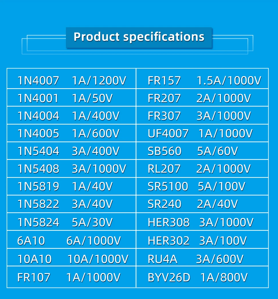 50PCS 1N4001 1N4004 1N4005 1N4007 1N5819 1N5822 1N5824 FR107 FR157 FR207 RL207 SR240 UF4007 BYV26D Shottky Rectifier Diode Kit
