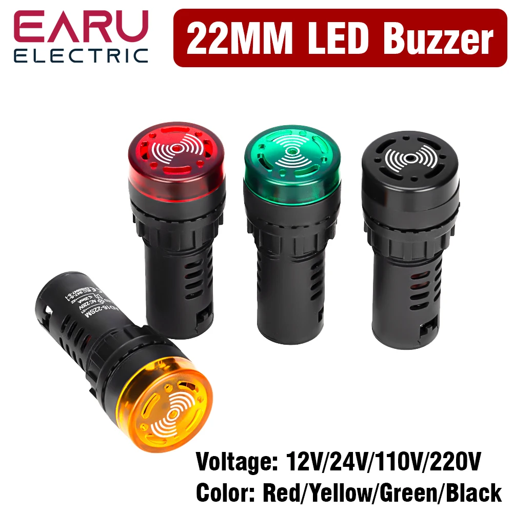 AD16-22SM 22mm Panel Diameter AC DC 12V 24V 110V 220V Flash Signal Light Red LED Active Buzzer Beep Alarm Indicator Green Yellow