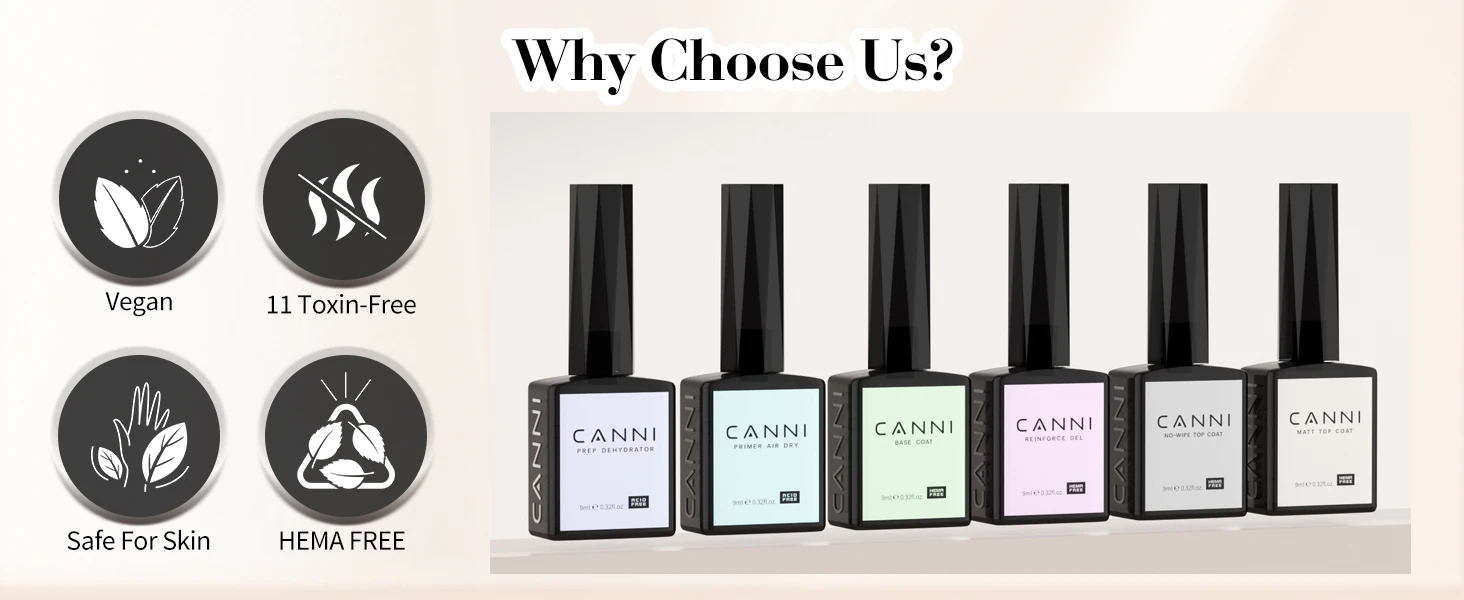 CANNI HEMA/TPO FREE 9ML Primer Base Coat Topcoat and Color Gel Polish Base Soak Off UV LED Fast Dry Nail Liquid Manicure Gel DIY