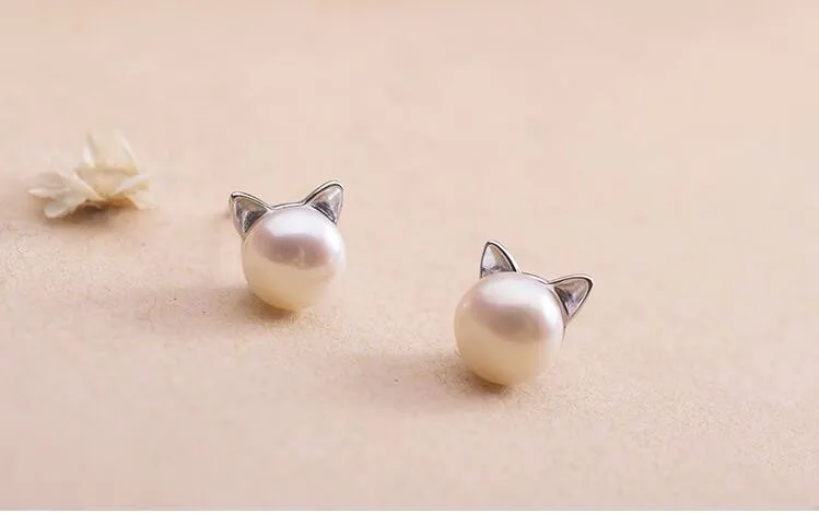 Creative Simple Craft Cute Animal 925 Sterling Silver Jewelry Small Cat Hollow Pierced Pearl Female Earrings E064