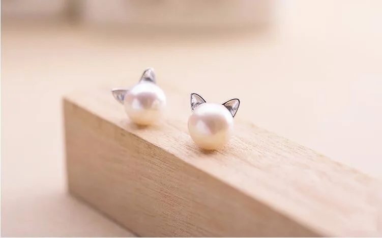 Creative Simple Craft Cute Animal 925 Sterling Silver Jewelry Small Cat Hollow Pierced Pearl Female Earrings E064