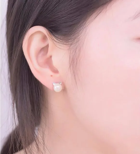 Creative Simple Craft Cute Animal 925 Sterling Silver Jewelry Small Cat Hollow Pierced Pearl Female Earrings E064
