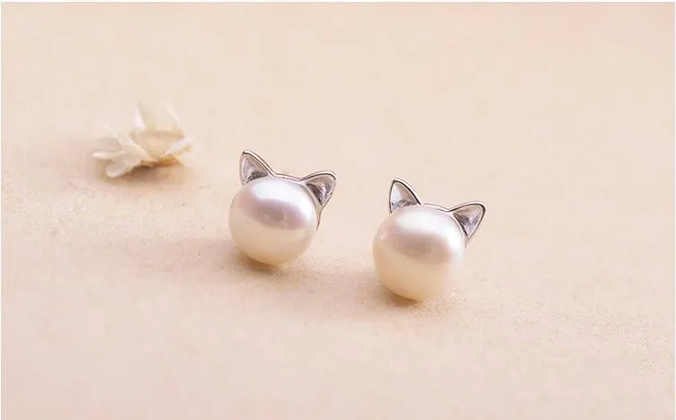 Creative Simple Craft Cute Animal 925 Sterling Silver Jewelry Small Cat Hollow Pierced Pearl Female Earrings E064