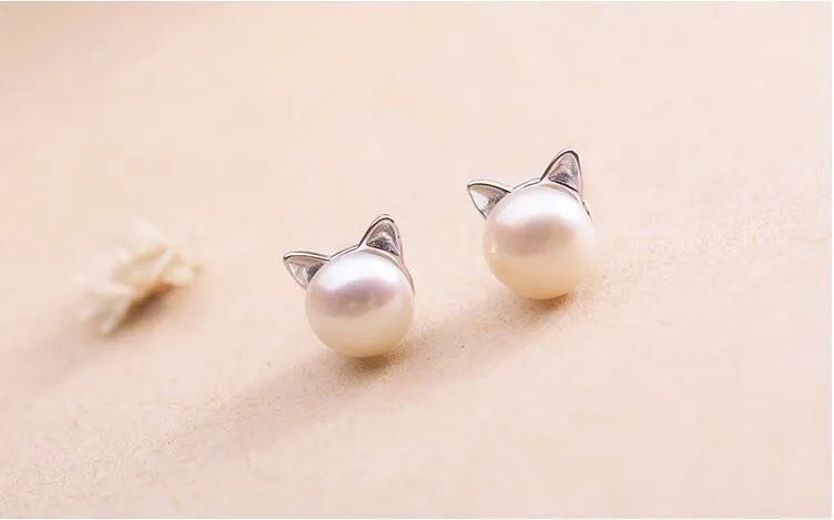 Creative Simple Craft Cute Animal 925 Sterling Silver Jewelry Small Cat Hollow Pierced Pearl Female Earrings E064