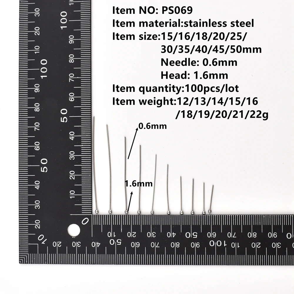 100 Pcs/Lot 15-50mm Stainless Steel Ball Head Pins Diy Handmade Jewelry Earrings Making Headpins Findings Accessories