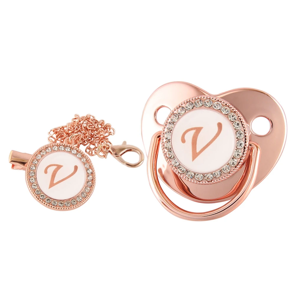 26 Letters Baby Pacifier Clip Rose Gold Bling Pacifiers Holder Silicone Soother Nipple Dummy Baby Shower Gifts