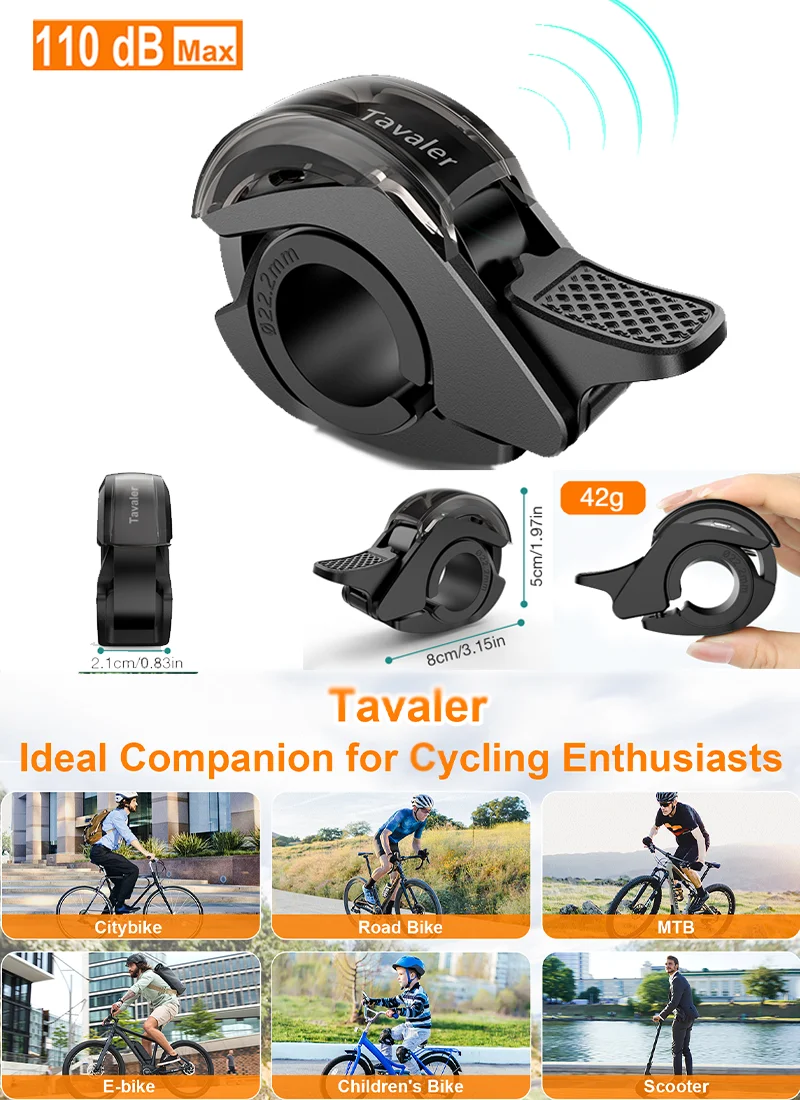 Tavaler New Upgrade Bicycle Bell 110dB Max Crisp PC Waterproof Anti-Slip Textured Safety Road Scooter MTB Outdoor Bike Accessory
