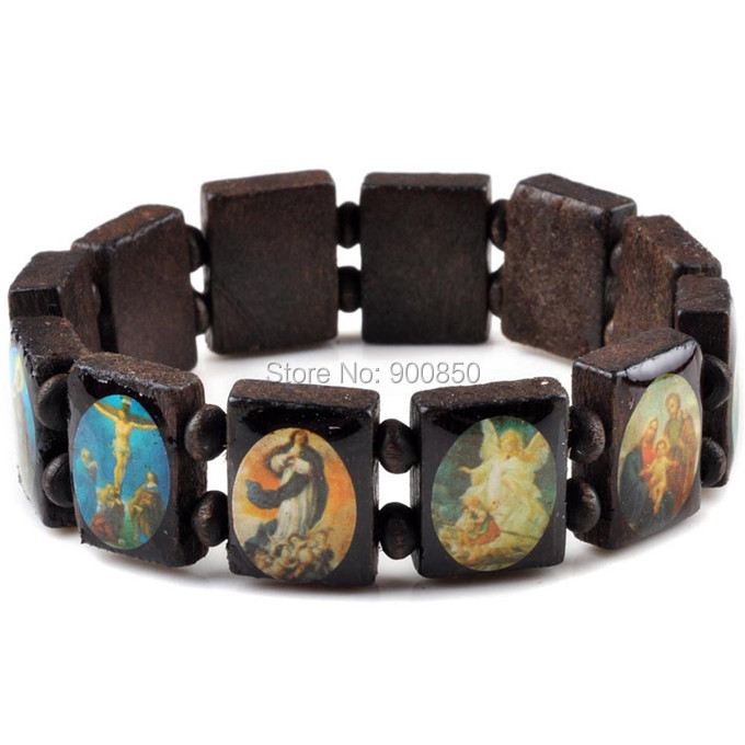 Saints Jesus Religious Wood Catholic Icon Bracelets Unisex Fashion Wood Bracelet Paryer Charm Jewelry 7 Colors