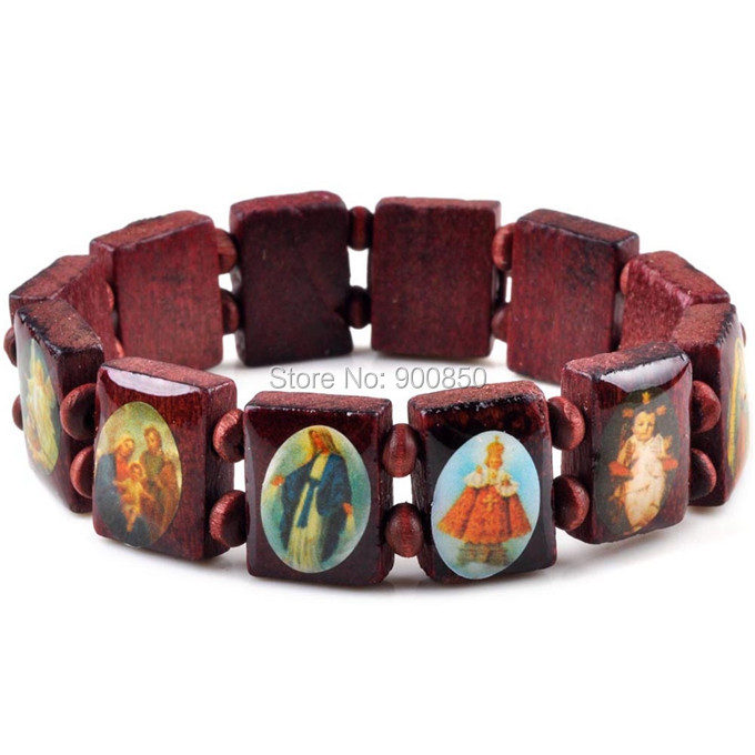 Saints Jesus Religious Wood Catholic Icon Bracelets Unisex Fashion Wood Bracelet Paryer Charm Jewelry 7 Colors