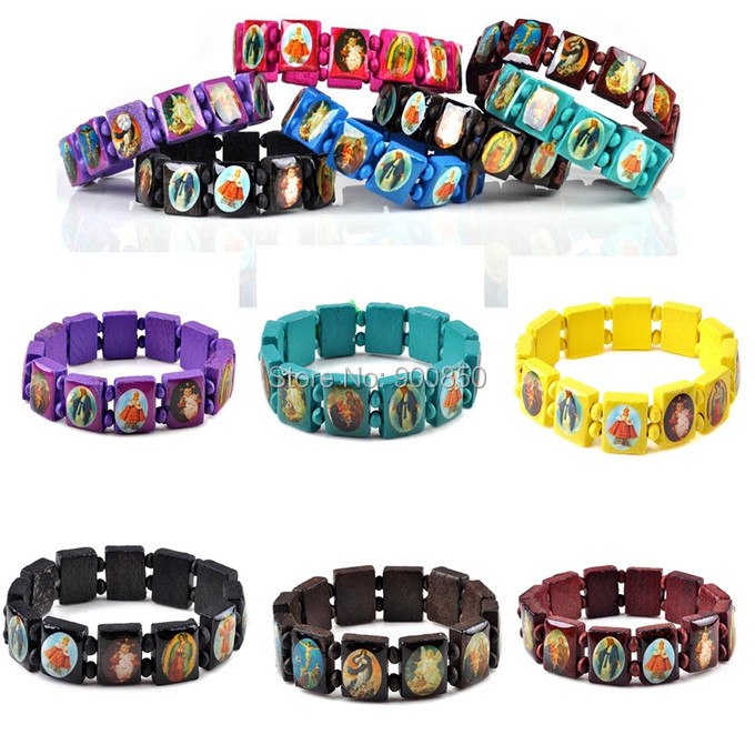 Saints Jesus Religious Wood Catholic Icon Bracelets Unisex Fashion Wood Bracelet Paryer Charm Jewelry 7 Colors