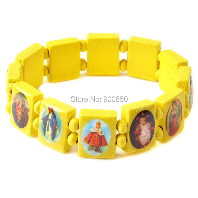 Saints Jesus Religious Wood Catholic Icon Bracelets Unisex Fashion Wood Bracelet Paryer Charm Jewelry 7 Colors