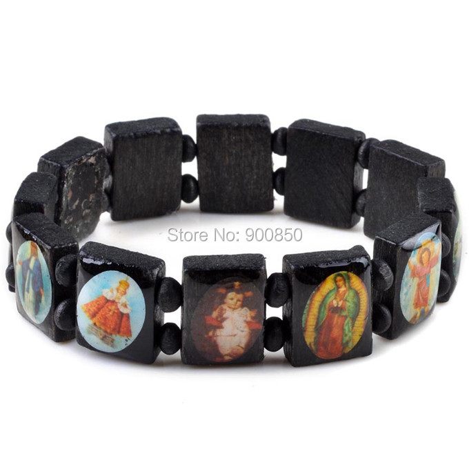Saints Jesus Religious Wood Catholic Icon Bracelets Unisex Fashion Wood Bracelet Paryer Charm Jewelry 7 Colors