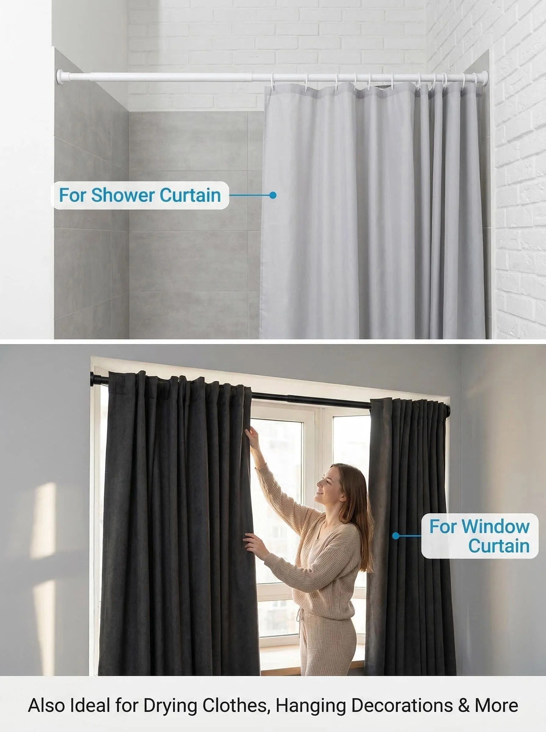80-240CM Adjustable Curtain Rod No Drilling Telescopic Shower Curtain Pole for Balcony Bathroom Wardrobe Rod Clothes Drying Rack